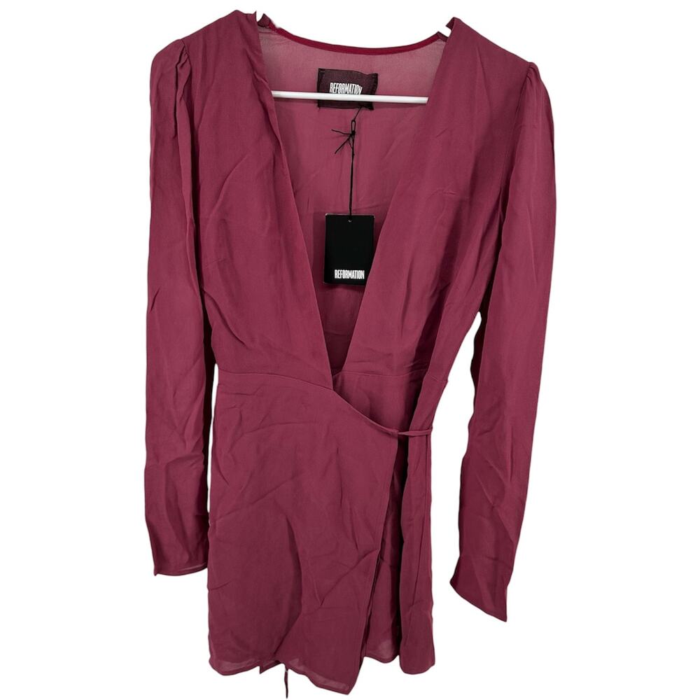 Reformation Nima Dress Wrap Mini Long Sleeve Tie Waist Cerise Pink S NWT